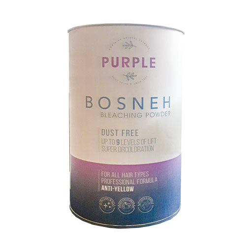 hiniki-Bosneh-Bleaching-Poweder-Purple فروشگاه های نیکی پودر دکلره بنفش (یاسی) بوسنه (۵۰۰ گرمی)، متخصص خنثیسازی تناژ زردی مو برای رسیدن به بلوند پلاتینه. فاقد گرد و غبار، با قدرت روشنکنندگی تا ۹ پایه، حاوی کراتین و بافتی چرب و کرمی برای حفظ سلامت و درخشش مو.