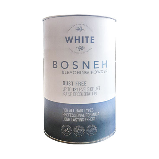 hiniki-Bosneh-Bleaching-Poweder-White پودر دکلره سفید بوسنه (۵۰۰ گرمی)، قدرتمندترین انتخاب برای رسیدن به روشنترین پایهها. با قدرت روشنکنندگی فوقالعاده تا ۱۲ درجه، فاقد گرد و غبار، حاوی کراتین و مناسب برای انواع مو، به ویژه موهای تیره و مقاوم.