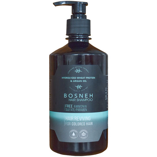 hiniki-bosneh-Hair-Mask-III فروشگاه های نیکی شامپو بدون سولفات و آمونیاک بوسنه (۵۰۰ میل)، بهترین انتخاب برای موهای کراتینه شده و رنگ شده. غنی شده با پروتئین گندم و روغن آرگان جهت پاککنندگی ملایم، تثبیت رنگ، احیای موهای آسیبدیده و افزایش نرمی و درخشش.