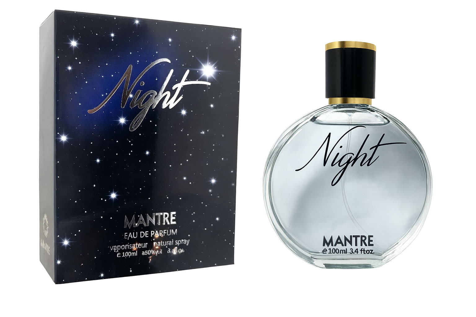 ادو پرفیوم زنانه نایت (Night) از برند مانتره با شیشه گرد آبی تیره و در طلایی ادو پرفیوم زنانه نایت (Night) از برند مانتره با شیشه گرد آبی تیره و در طلایی