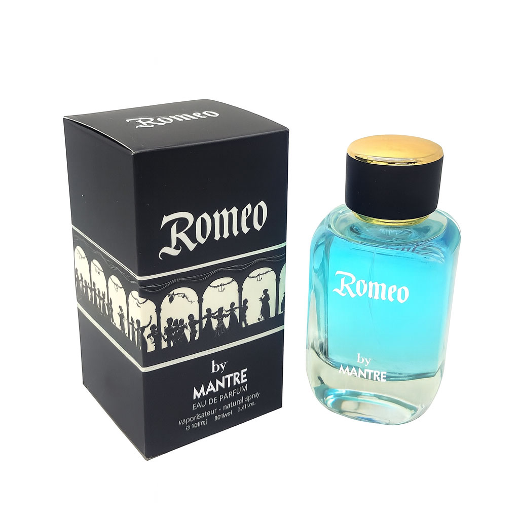 ادو پرفیوم مردانه رومئو (Romeo) از برند مانتره با شیشه آبی روشن و در مشکی ادو پرفیوم مردانه رومئو (Romeo) از برند مانتره با شیشه آبی روشن و در مشکی